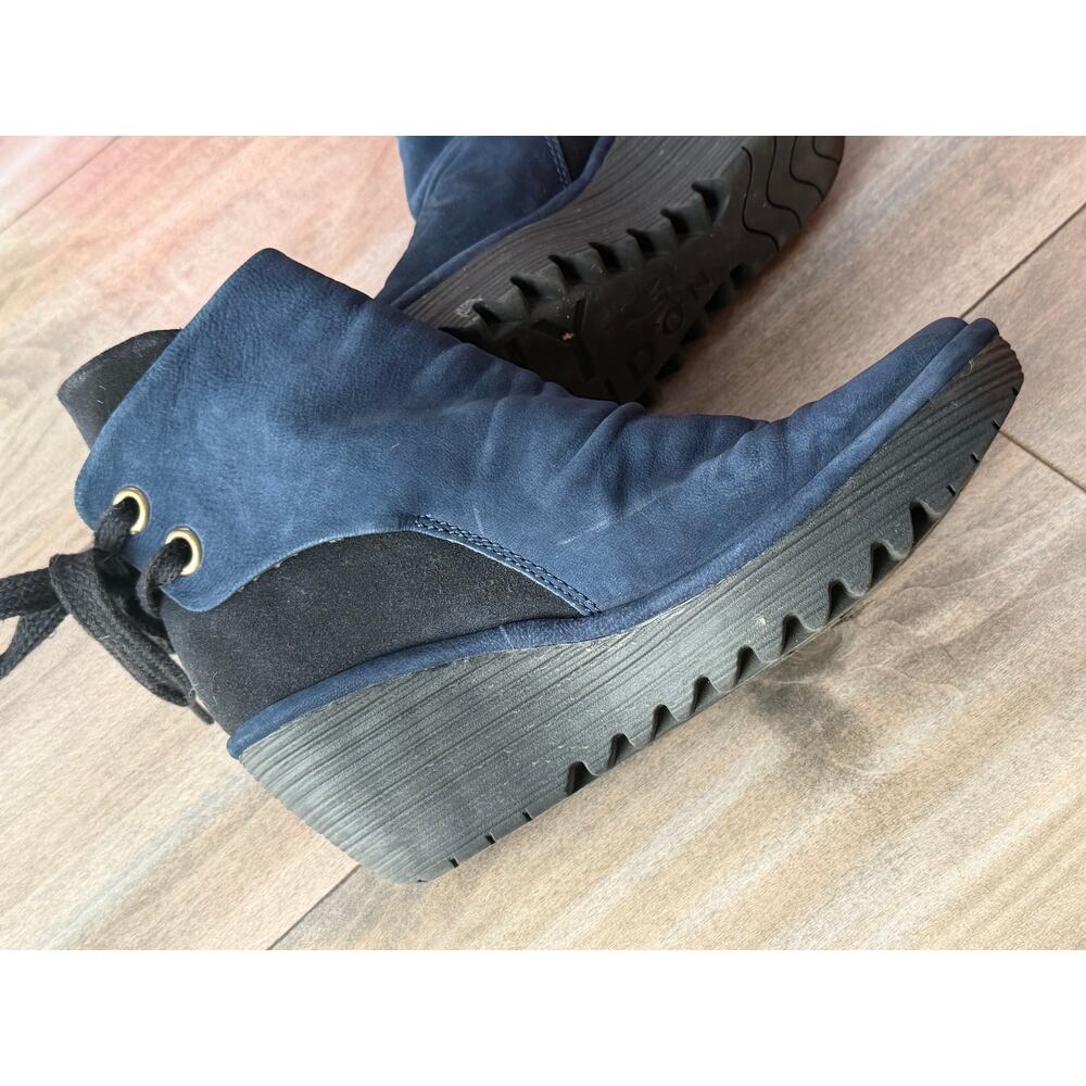 FLY London Yama Boots Blue Black Suede Platform Lug Wedge Laces Womens 40 / US 9